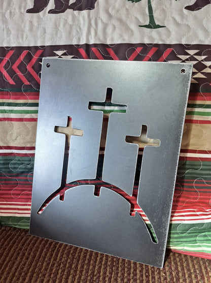 3 Crosses on Hill Metal Sign for Wall, Shelf or Mantle