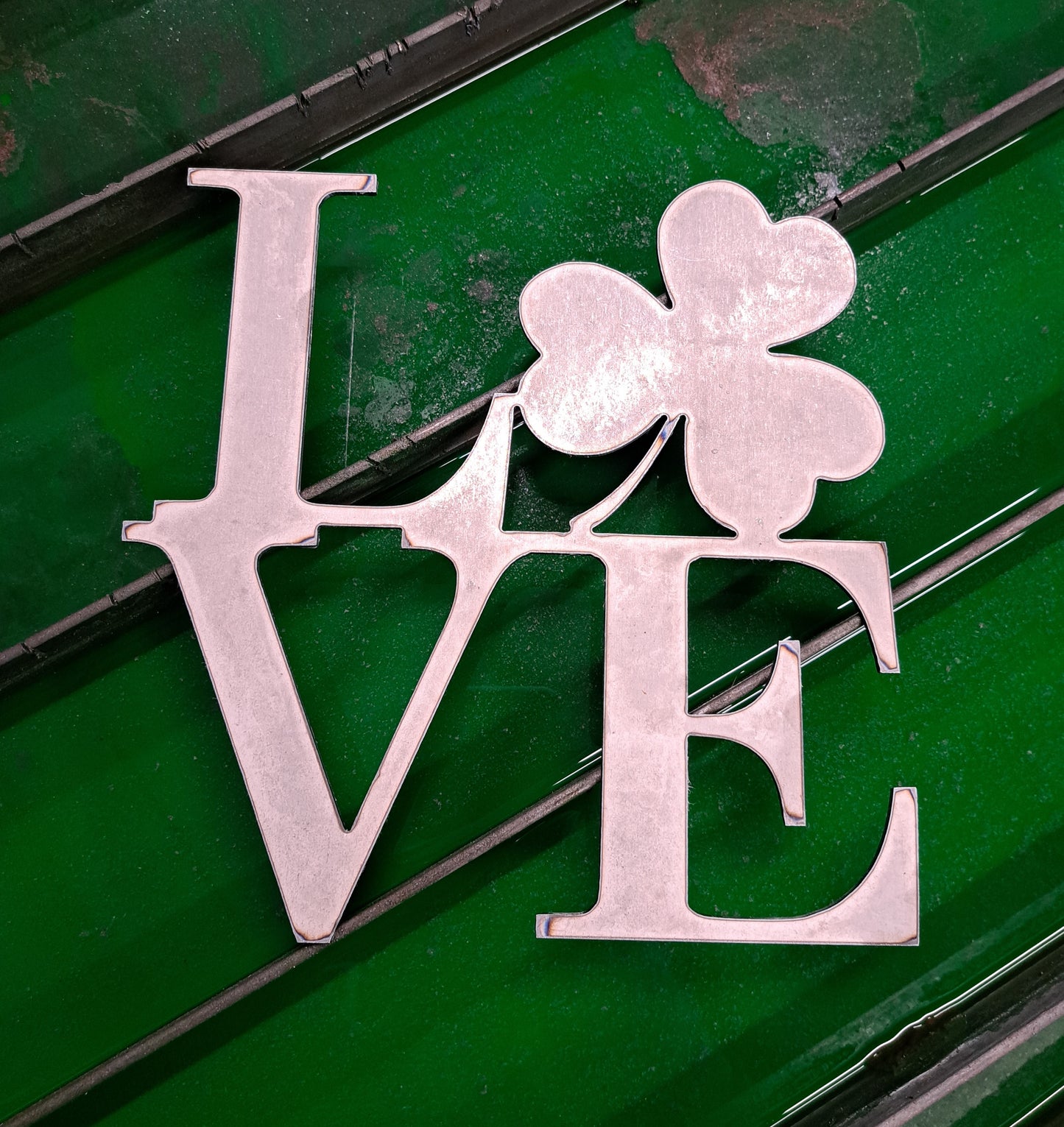 LOVE with Tilted Shamrock Metal Decor Sign